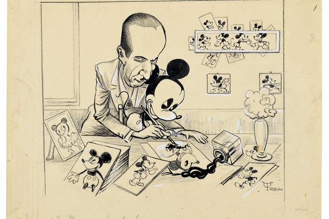 Studio e caricatura di Walt Disney con topolino