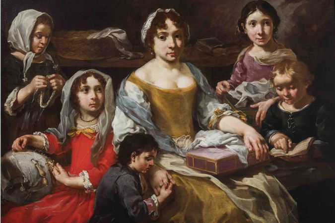 Scuola di ricamo con bambino e giovinetta che legge o scena domestica