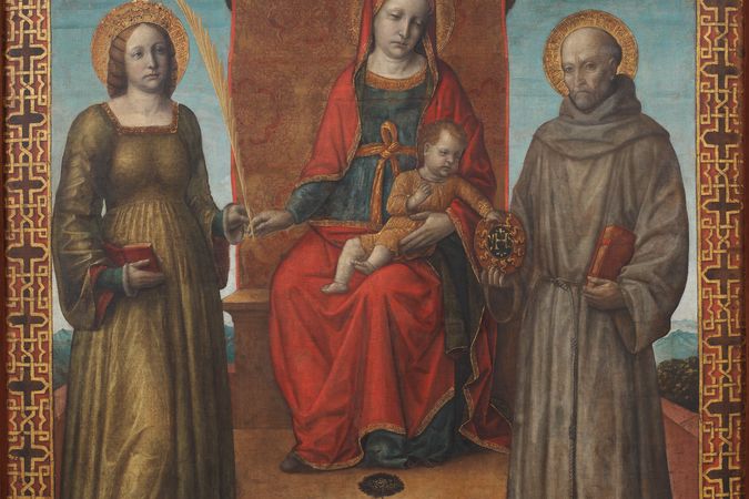 Stendardo di Orzinuovi: Madonna con il Bambino tra santa Caterina d’Alessandria e san Bernardino da Siena