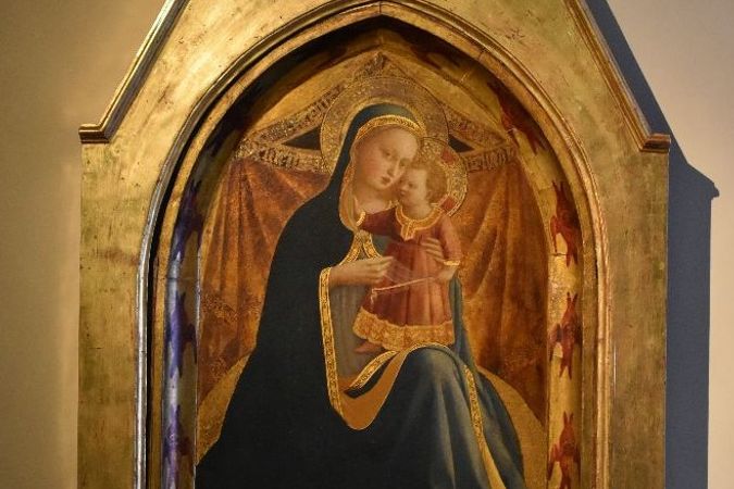 Madonna dell’umiltà, i santi Giovanni Battista e Paolo e l’incontro dei santi Domenico e Francesco; nella cornice, Quattordici serafini