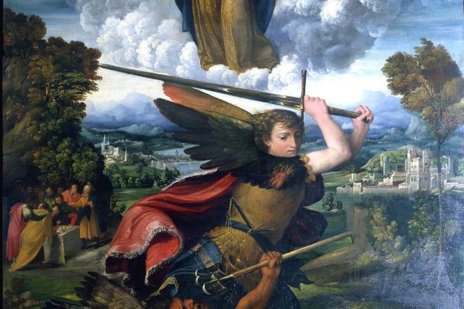 San Michele arcangelo combatte il demonio e la Vergine Assunta tra angeli