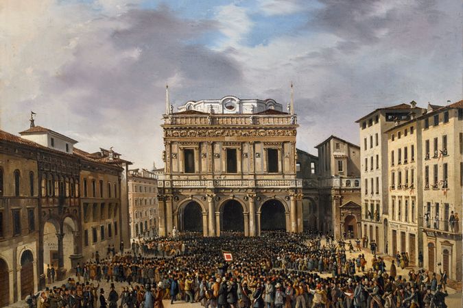 Il popolo radunato in piazza della Loggia 