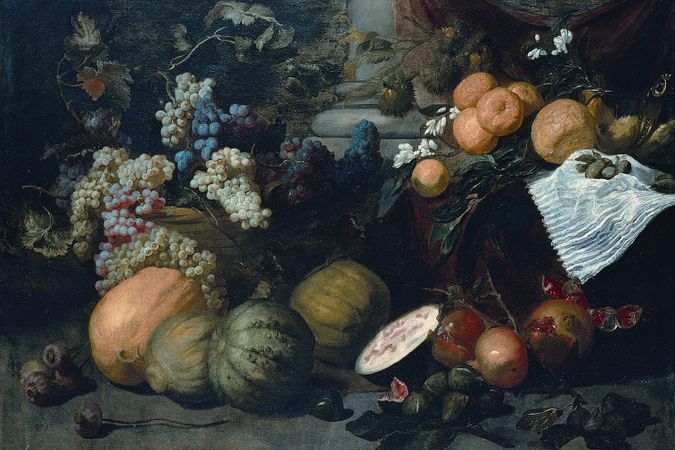 Natura morta di frutta, ortaggi e fiori