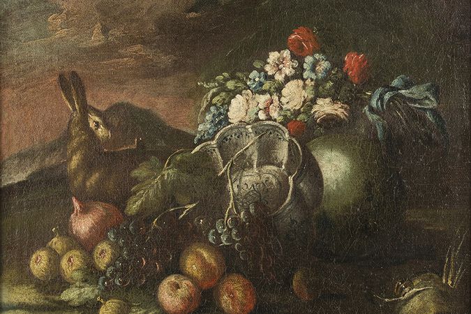 Natura morta con fiori frutta e selvaggina