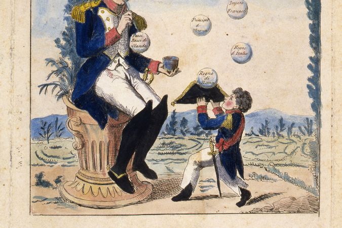 Stampa satirica raffigurante Napoleone che gioca con le bolle di sapone