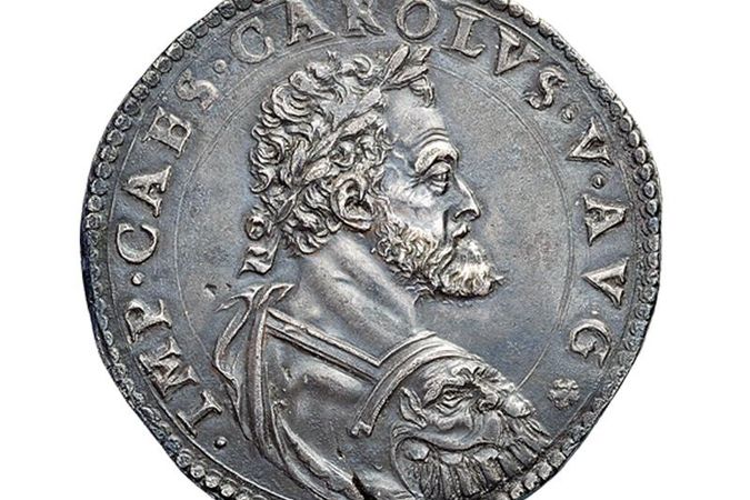 Scudo in argento da 110 soldi del re asburgico Carlo V di Spagna 