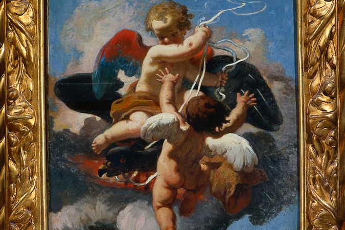 Due putti che giocano con un'aquila