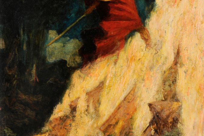 Ciclo wagneriano. La Valchiria, Wotan colpisce la roccia da cui sprizzano le fiamme che proteggerano il sonno di Brunilde