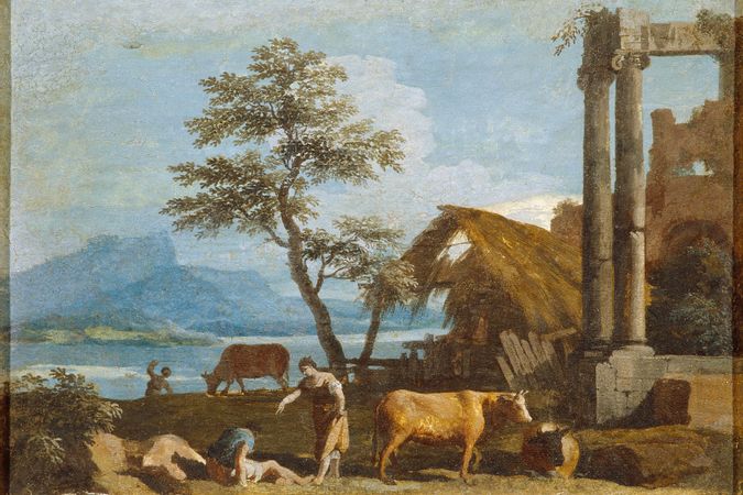 Paesaggio con ruderi classici e mucche al pascolo