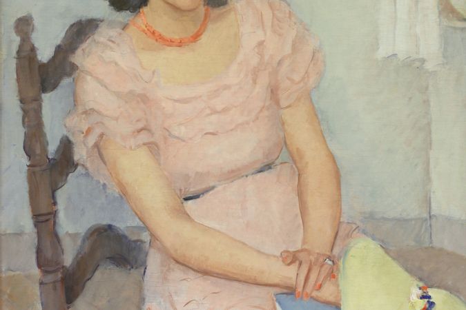 Ritratto di giovane donna in rosa con cappello in mano