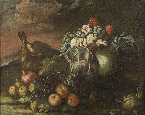 Natura morta con fiori frutta e selvaggina