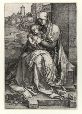 Madonna con il bambino seduta presso un muro