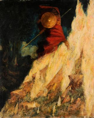 Ciclo wagneriano. La Valchiria, Wotan colpisce la roccia da cui sprizzano le fiamme che proteggerano il sonno di Brunilde