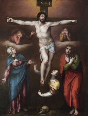 Cristo vivo sulla croce con la Vergine, san Giovanni Evangelista e santa Maria Maddalena